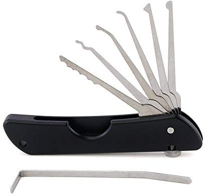 Loboo Idea tragbares Dietrich-Set im Taschenmesser-Format, Schnellöffner, Schlossöffner-Werkzeug, Schlosser-Werkzeug, Edelstahl, 7-in-1 Falt-Multitool, schwarz