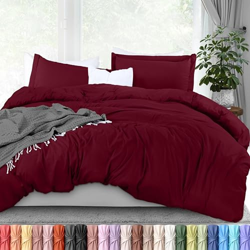 Utopia Bedding Juego de funda de edredón tamaño Queen, 1 funda de edredón y 2 fundas de almohada, cierre de cremallera, microfibra cepillada suave, 229 x 229 cm (Queen, burdeos)
