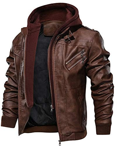 Priessei Leather Bomber Jackets for Men Pilot Jacket with Hood Cycle Motorbike Jacket Stylish Coat Autumn Aviator Brown L