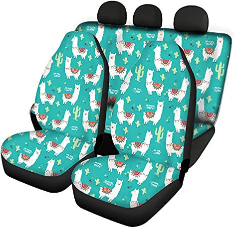 Howilath Lama & Kaktus Elastische Auto Vorder- & Rücksitzbezüge für Frauen, Cartoon-Tiere, niedlicher Alpaka-Druck, Polyester, Anti-Staub-Schutzkissen, passend für die meisten Autos, Kofferraum, SUV