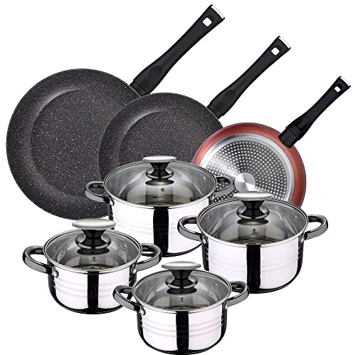 San Ignacio PK4786 PACK DE 3 SARTENES 20/24 y 28 cms + BATERÍA DE COCINA 8PC EN ACERO INOXIDABLE, Cobre/Cromado