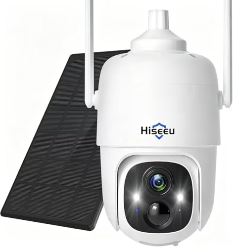 Hiseeu 2K Caméra Surveillance WiFi Exterieure sans Fil Solaire, 2,4G WiFi PTZ Camera IP Solaire Exterieur avec Batterie Détection Humaine AI Vision Nocturne Couleur Sirène IP66 Audio Bidirectionnel