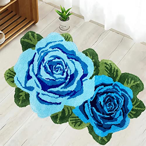 USTIDE Zotteliger Badteppich, blaue Rosen-Badematte, waschbar, Blumen-Badezimmerteppich, Hochflor, rutschfest, für Schminktisch, Badewanne/Dusche/Tür/Küche