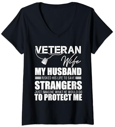 Damen Veteran Wife Veteranen Day USAF Militär-Hundemarke, patriotisch T-Shirt mit V-Ausschnitt