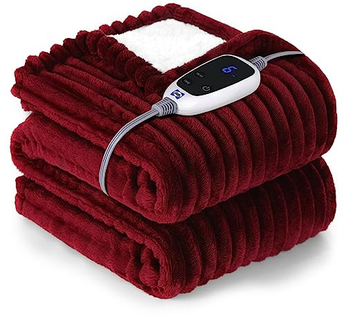Sealy Electric Blanket Throw 50×60, Ribbed Flannel to Sherpa, Red
