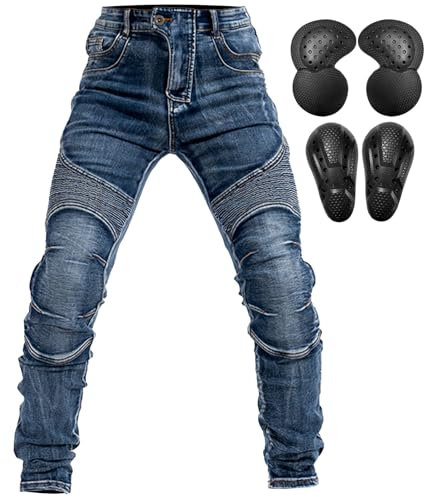 QIYUANT Herren Motorradhose Motorrad Reiten Schutzhose Denim Jeans Reißfester Stretch Vintage Jeanshose mit Abnehmbar Rüstung Knie-Hüftpolster (Blau, L)