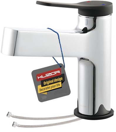 KUZOR 1PC Messing Wasserhahn Bad Waschtischarmatur - 5-minütige Installation, Badezimmerarmatur mit 50cm Kaltes Warmes Wasser Schläuche, langlebig und robust - Höhe 138 mm, Gewicht 762.9 g - Chrom