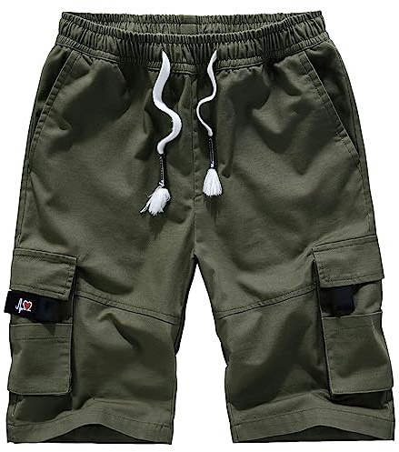 Jamron Homme Grande Taille Short Bermuda Cargo à Taille Élastiquée avec 8 Poches Été Short en Coton Décontracté Vert Armée 4XL