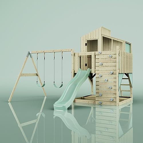 Rebo Spielturm mit Spielhaus inkl. Wellenrutsche und Kinder-Schaukel | Outdoor Klettergerüst Garten | Kletterwand und Kletterleiter | Stabile Konstruktion, Weiches Gefühl in den Seilen