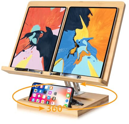 wishacc Buchständer zum Lesen, verstellbare Halterung mit 360° drehbarer Basis und Seitenclips, faltbarer Schreibtisch-Ricer für große Bücher, Kochbuch, Noten, Laptop, Rezept, Lehrbuch, freihändig