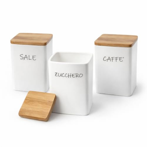 MECSAL CASALINGHI Set 3 Barattoli Ceramica Sale Zucchero Caffè con Tappo in Legno – Contenitori Cucina Ermetici Bianchi Stile Shabby – 10x13 cm - Quadrati
