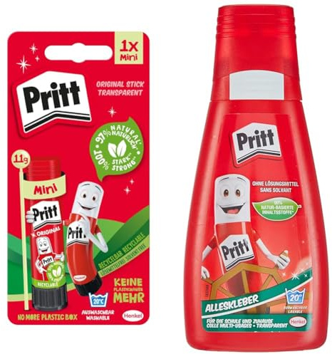 Bundle aus Pritt Klebestift, transparent, Blisterkarte, 11g und Pritt Alleskleber, Flasche, transparent, 100g