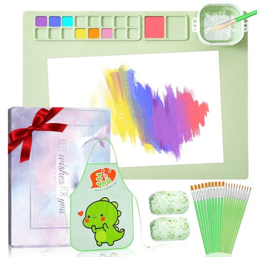 yuejuhe 5-teiliges Set Silikon Malmatte Malunterlage Abwaschbar, Bastelmatte zum Malen mit Sauberen Bechern für Malen, DIY Kunst, Ton (Grün)