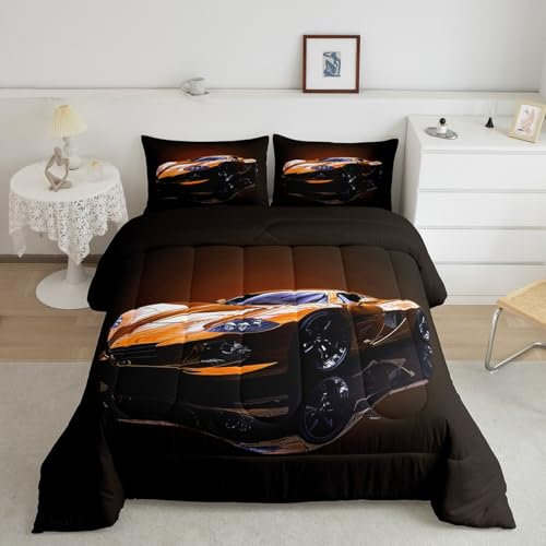 Feelyou Rennwagen-Bettwäsche-Set für Kinder, Orange, Sportwagen, für Jungen, Mädchen, Teenager, Auto, Extremsport-Bettwäsche-Set, coole Geschwindigkeit, Rennwagen, Daunendecken-Set Raumdekoration