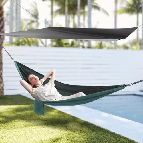 140x290 cm Camping Hängematte aus Nylon und Polyester, Atmungsaktiv Hängematte Outdoor mit Moskitonetz und Plane, Leichte Camping Hängematte Schaukel Belastbarkeit 200 kg (Schwarz+schwärzlich grün)