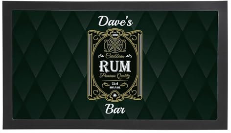 Custom Rum Bar Mat - Dark Stylish Caribbean Rum Bottle Personalisable Bar Gift - Black Non-Slip Table Runner Barware/Pub/Cafe Service Mat - 44x25cm