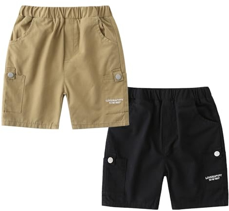 Volunboy Baby pojkar 2-pack pull-on shorts elastisk midja cargo chino vardaglig svartgrön multipack under med fickor, Kaki svart, 2-3 År