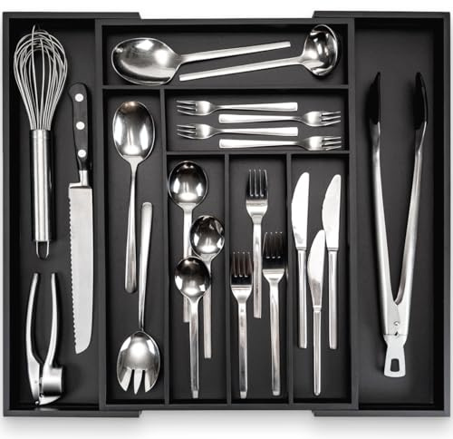 budu Besteckkasten #45 (Tiefe 45cm) aus Bambus - Schwarz - Schubladen Ordnungssystem für die Küche - Besteckkasten für Schubladen aus Bambus - Ausziehbar - Kitchen drawer organizer - Kitchen organizer
