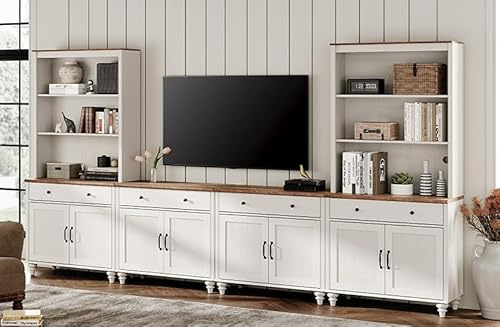 WAMPAT Entertainment Center with Bookshelves for TVs up to 75, Farmhouse Wall Unit TV Stand with 8 Doors & 4 Drawer, Media Console Table for Living Room, Bedroom & Home Theater, Off White