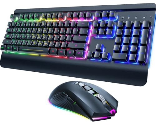 RisoPhy Gaming Tastatur Maus Set Kabellos, QWERTZ, Metallplatte, 7 Farben Beleuchtet, Wiederaufladbarer 3200 mAh Akku, Schlafmodus, Licht auf Tastatur + 7D 3200DPI Gaming Maus für PC Gamer