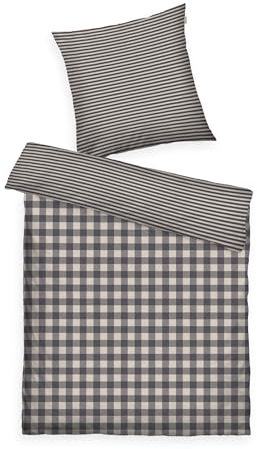 TOM TAILOR Flanell-Bettwäsche, 80x80 cm + 135x200 cm, 100% Baumwolle/ Flanell, Mit Wendemotiv und farbigem Markenreißverschluss, CLASSIC CHECK Grau, Beige (Anthracite & Sunny Sand)