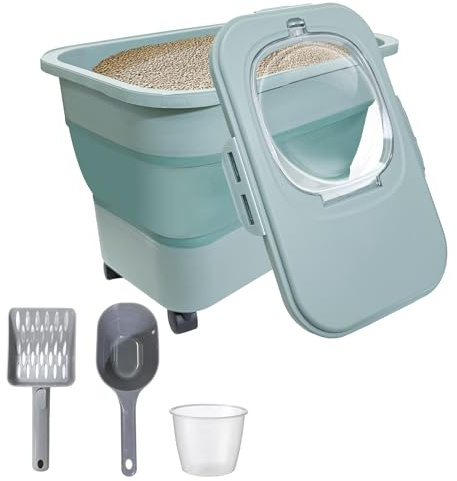 Collapsible Cat Litter Storage Container with Rolling Casters,20 Lbs Cat Litter Storage with Wheels,Airtight Lids,Cat Litter Shovel,Portable Cat Litter Storage Bin Container,BPA Free (Green)