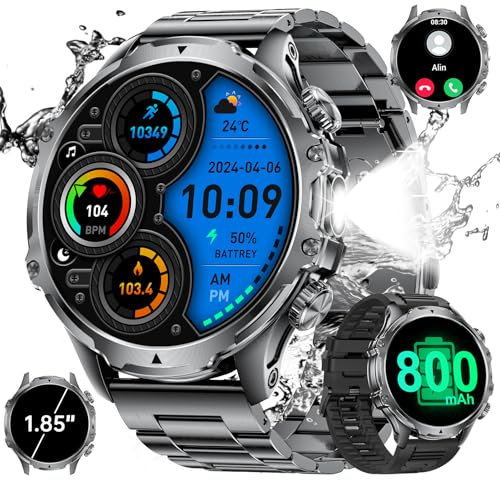 Militar Reloj Inteligente Hombre, 1.85'' Esfera Grande/800mAh Batería/LED,Smartwatch con Llamadas Bluetooth, 100+ Modos Deporte, Seguimiento de la salud,Podómetro Calorías,5ATM Impermeable Android iOS