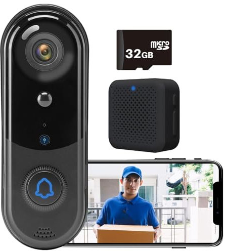 Kocusu Smart Doorbell Camera, 1080P HD Wireless Doorbell Camera with Chime,32G SD Card,Smart Motion Detection,2-Way Audio,2.4Ghz WiFi,Night Vision,IP54,Works with Alexa