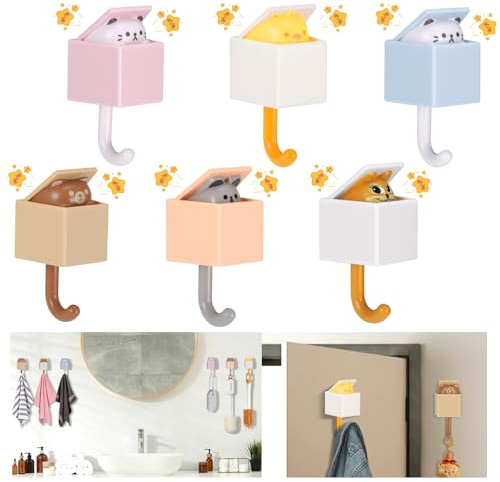 Starvortex 6Pcs Crochet Adhésif pour Animal, Crochet pour Chat Mignons, Crochet Autocollant Adhesif Pop-up, Crochets Adhesifs Muraux Décoratifs, Crochets Adhésifs Créatifs pour Clé Vêtement Serviette