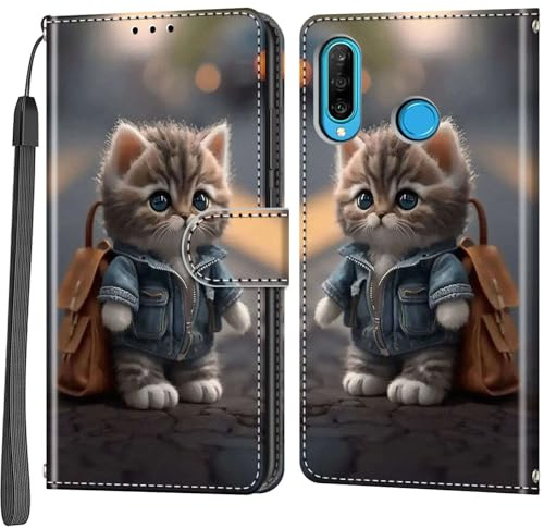Handyhülle für Huawei P30 Lite Hülle, Katze | Kartenfach, Standfunktion, Magnetische, Klappbar PU Lederhülle, Stoßfeste, Faltbar Klapphülle, Handytasche