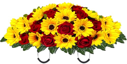 Wkczhod Artificial Summer Autumn Sunflower Cemetery Flowers Outdoor Grave Decorations Saddle Arrangement for Headstone,Outdoor Tombstone Memorial Decorations, Easy Fit (Yellow Red)
