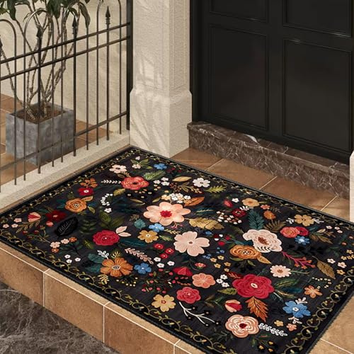 D-buy 2×3 Ft Black Front Door Mat Outdoor/Indoor Machine Washable Boho Floral Decor Rug for Entrance, Small Area Rugs Foldable, Welcome Carpet for Kitchen Entry Kids Room