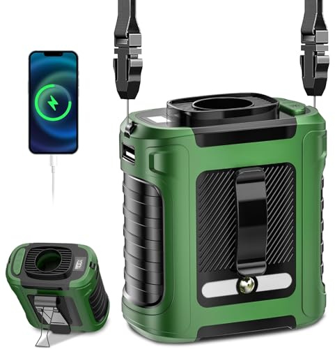 Gemmac 10000mAh Powerbank Lüfter mit Klemmfunktion & Trageschlaufe - 5-stufiger USB Mini-Ventilator + 2-stufiger LED Licht für Camping, Festival, Wandern Outdoor, Büro