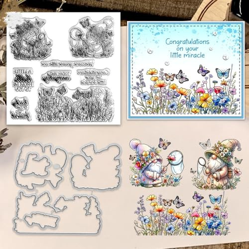 Sredwtk Gnome Schmetterling Blumen Stempel und Stanzen Set,Silikonstempel und Stanzen Set,Stanzschablonen und Stempelset,Clear Stamp und Stanzschablone Für DIY Scrapbooking Fotoalbum Dekor Karten