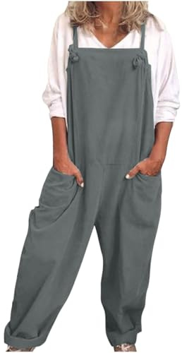 Bomull linne hängselbyxor för kvinnor breda ben jumpsuit lång lös passform lekdräkter ärmlös plus storlek band overaller fritid en del passar för resor, semester sommar overall, Mörkgrått, M