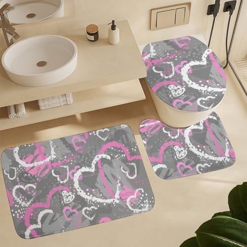 Badgarnitur 3 Teilig Mädchenherzen Rosa Contour Badteppich WC Matte Mikrofaser,Schnell Trocknend für Badezimmer Dekoration