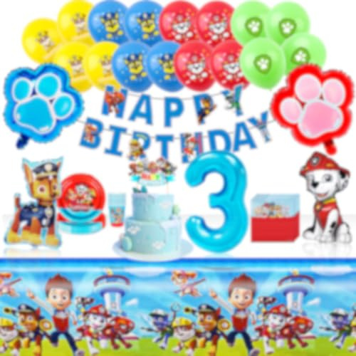 54 Pcs 3 Ans Anniversaire Vaisselle Kit,Deco Anniversaires 3 Ans,Nappe Anniversaire,Decoration Gateau,Ballon Anniversaires,Deco Gâteau, Vaisselle et Assiette, Bannière Fournitures,10 Invités