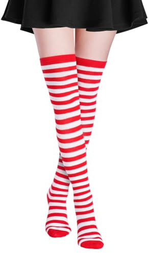 Alaoo Calzini al Ginocchio, Calze Donna Sopra il Ginocchio, Calzini Gambaletti di Coscia Retro Casual Socks, Comodo e versatile, Adatto per sport, cosplay e uso quotidiano(Bianco Rosso)