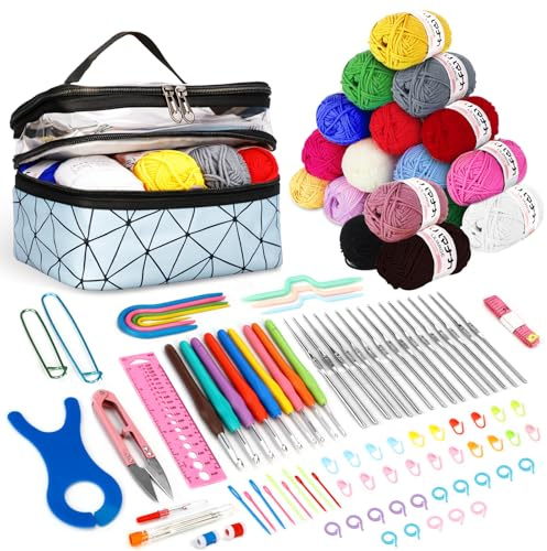 WUSUPU Uncinetto Set,105 pezzi Kit Uncinetto Principianti,set di uncinetti con 18 lana,Kit Principianti,accessori all'uncinetto,uncinetti ergonomici con manico morbido e ago in metallo, 2,0 – 10 mm