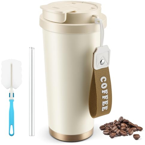 Zosenyer Mug Isotherme Cafe 530ml, Tasse Isotherme Avec Paille et Couvercle, Mug pour Thermos Étanche en Acciaio Inox, Tasse pour Thermos Café per Travel Campeggio(Blanc)