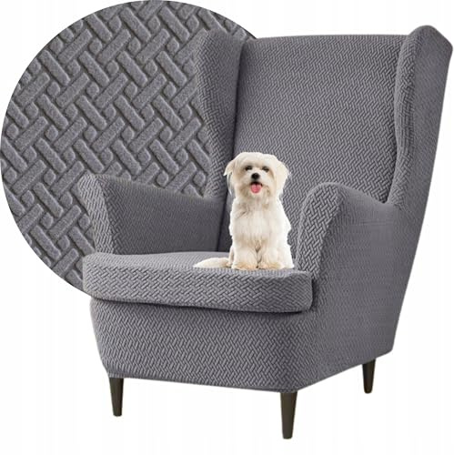 Domidekor Ohrensessel Überzug – Sesselschoner – Sesselbezug Stretch Dunkelgrau - Strandmon Sessel Bezug – Sesselhusse Elastisch Jacquard Fischgrät Schmutzabweisend - Oeko-Tex 100