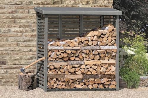 NaturWohnen FLAMMO L Kaminholzregal mit Rückwand 208 × 75 × 200 cm, ca. 2 m³ - Holzlager für 2 Reihen Brennholz, wetterfest & stabil