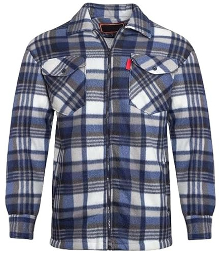 Mens Padded Lumberjack Flannel Shirt Jacket – Thick Quilted Check Work Shirt Coat with Faux-Fur Lined Hood/Collar, Thermal Fleece Lined, Heavy Duty Workwear Unisex Casual Coat Collared Blue 3XL