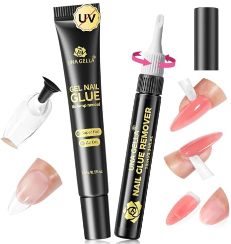 UNA GELLA 15ml Quick Drying Semi Solid Nail Glue Gel with 10ml Remover for Press On Nails Tips No Lamp Needed Strong Nail Gel Glue with 2 in 1 Acrylic Nails Remover Long Lasting Fake Nails Kit