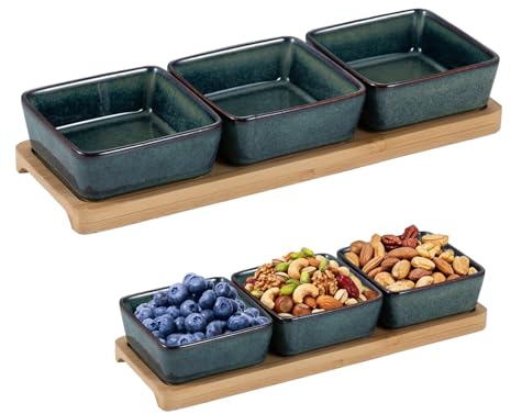 Chingcoo Dipschalen Set mit Holzbrett,150 ml Keramik Servierschalen für Dips, Soßen, Tapas, Snacks & Beilagen – Snackschalen Set Quadratisch (3-teilig-Jeansblau)