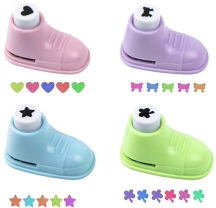 Stanzer, Motivstanzer 4er Set, Motivlocher Schuhform, Papierstanzer für Stern Herz Kleeblatt Schleife, Stanzmaschine und Prägemaschine Alternative für Karten Scrapbooking, 4 Stück je ca. 1 cm