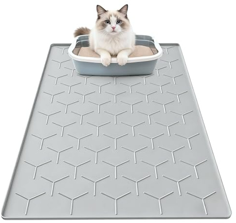 Katzenklo Matte, 86x55 cm Silikon Katzenstreu Matte Wasserdicht mit rutschfest Leicht zu Reinigen Katzenmatte Katzenklo Unterlage Fuer Boden Napfunterlage Grau Fuer Mehrkatzenhaushalte