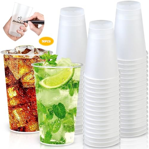 MOYKSRR 50 st Plastmuggar, Genomskinliga Hårdplastmuggar för Bröllop, Födelsedag, Picknick, jul - 500 ml/16 oz Läckagesäkra, för Varma och Ljumma Drycker, Cocktails, Läsk