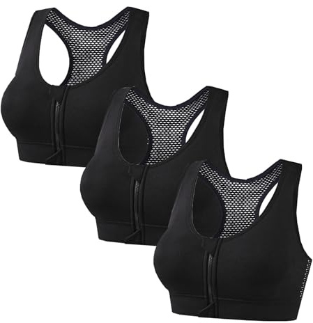 Lot de 3 Paires Soutien Gorge sans Armature Brassiere Sport Femme Maintien Fort Fermeture Devant avec Zippée Push Up Légère Bretelles Croisées Dos Lingerie Couleur Unie sous-Vêtements Tailles S à 4XL