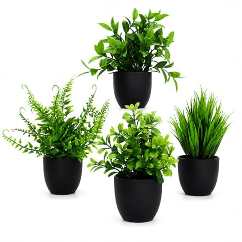 Qabonl Set of 4 Artificial Potted Plants in Matte Black Pots Lifelike Faux Greenery for Home, Office, Bathroom and Desk Décor, No Watering Required, Easy to Style